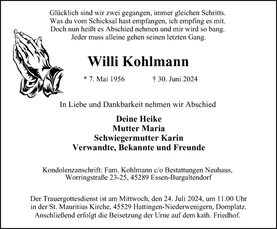 Traueranzeige von Willi Kohlmann von Tageszeitung