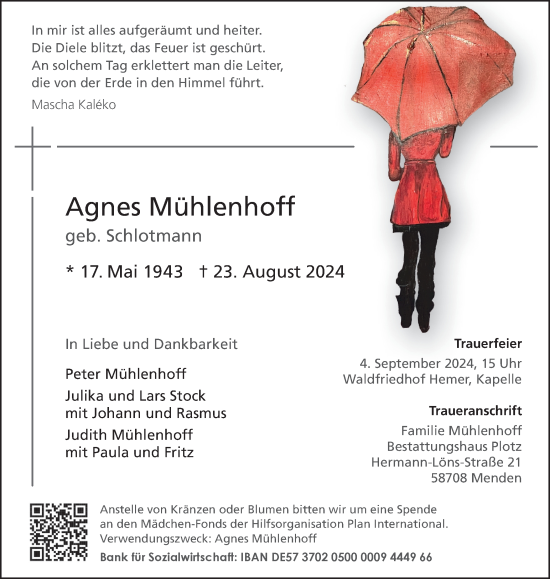Traueranzeige von Agnes Mühlenhoff von Tageszeitung
