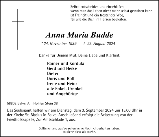 Traueranzeige von Anna Maria Budde von Tageszeitung