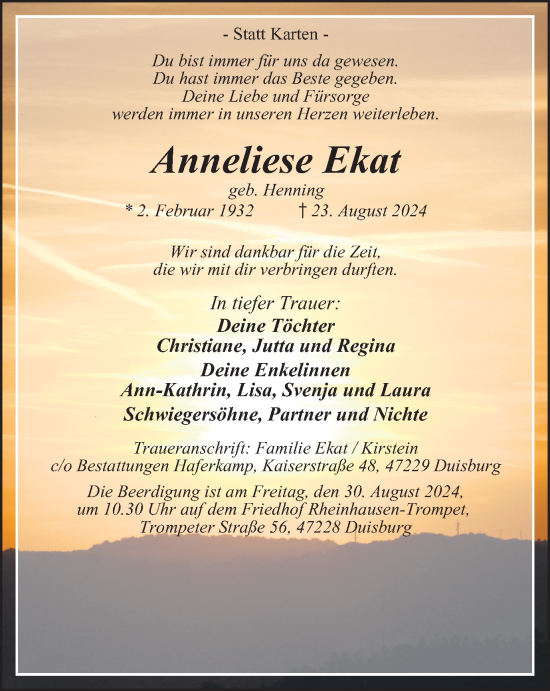 Traueranzeige von Anneliese Ekat von Tageszeitung