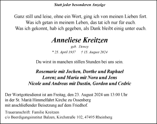 Traueranzeige von Anneliese Kreitzen von Tageszeitung