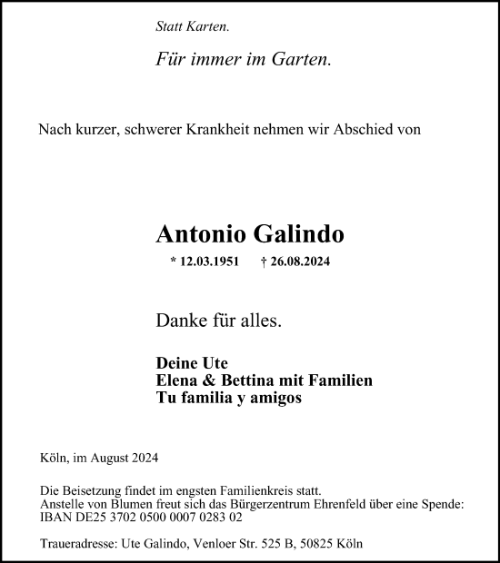 Traueranzeige von Antonio Galindo von Tageszeitung
