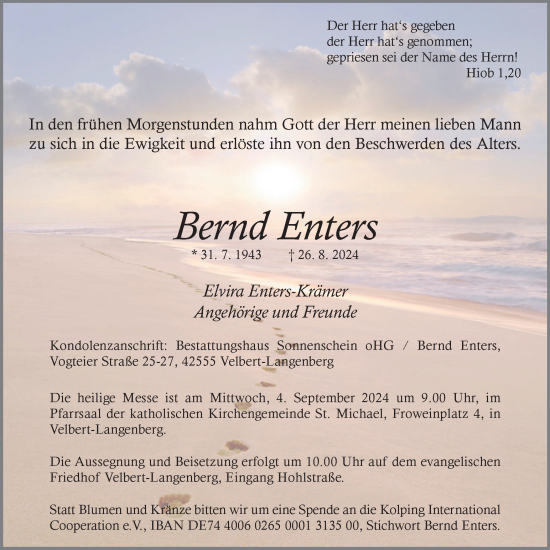 Traueranzeige von Bernd Enters von Tageszeitung