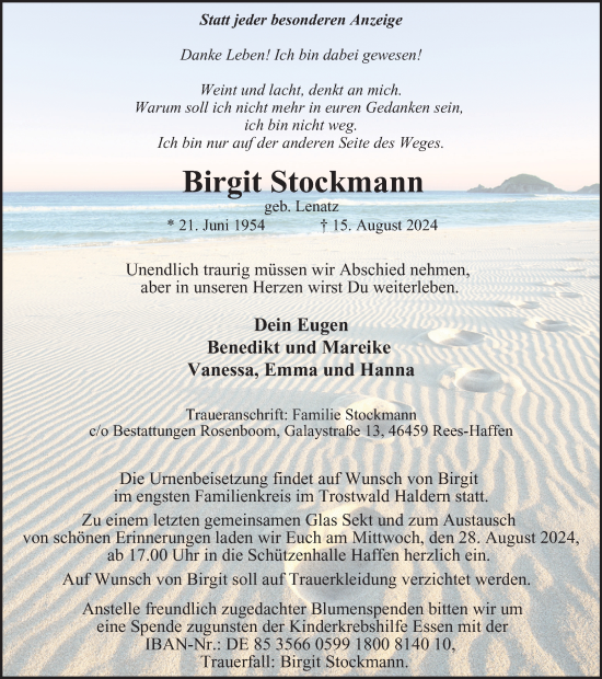 Traueranzeige von Birgit Stockmann von Tageszeitung