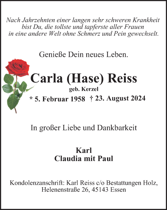 Traueranzeige von Carla  Reiss von Tageszeitung