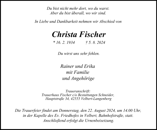 Traueranzeige von Christa Fischer von Tageszeitung