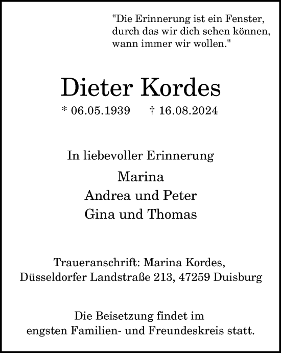 Traueranzeige von Dieter Kordes von Tageszeitung