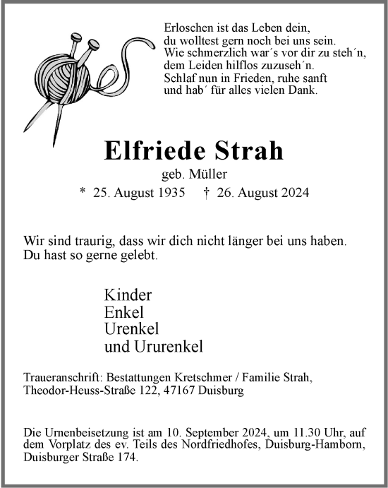 Traueranzeige von Elfriede Strah von Tageszeitung
