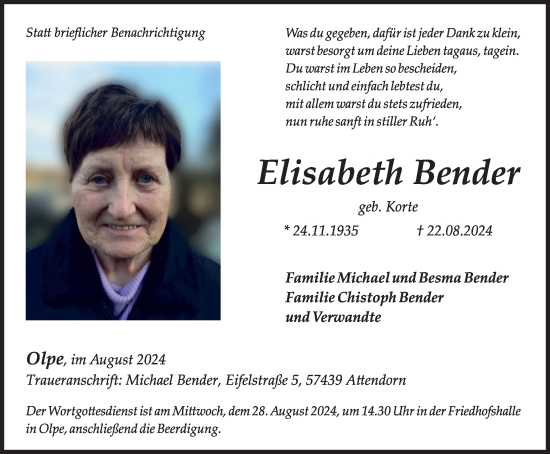 Traueranzeige von Elisabeth Bender von Tageszeitung