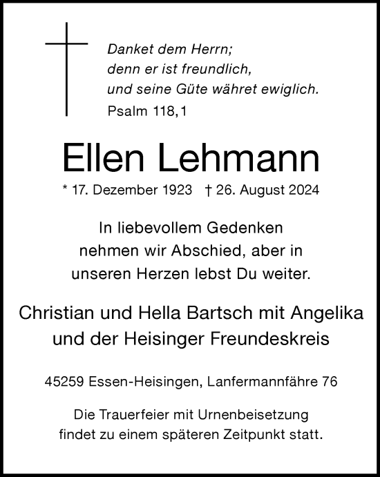 Traueranzeige von Ellen Lehmann von Tageszeitung