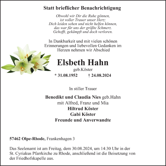 Traueranzeige von Elsbeth Hahn von Tageszeitung