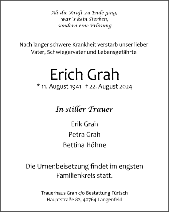 Traueranzeige von Erich Grah von Tageszeitung