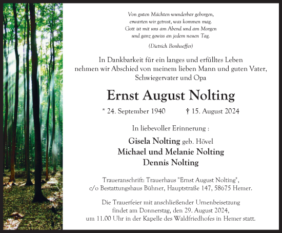 Traueranzeige von Ernst August Nolting von Tageszeitung