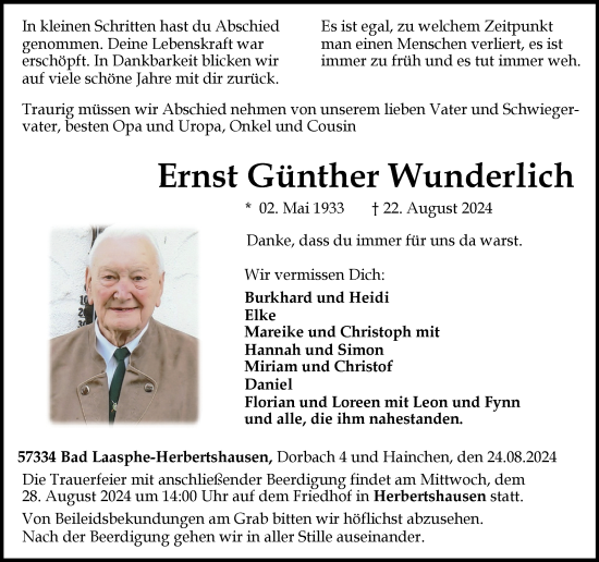 Traueranzeige von Ernst Günther Wunderlich von Tageszeitung
