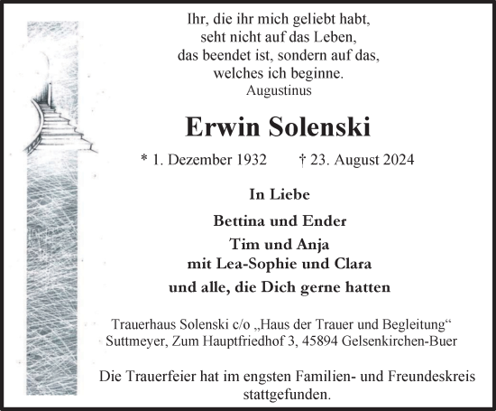 Traueranzeige von Erwin Solenski von Tageszeitung