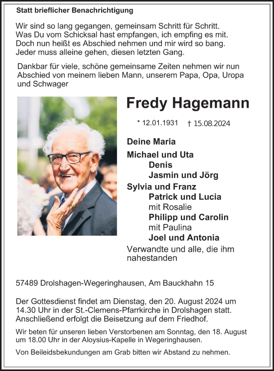 Traueranzeige von Fredy Hagemann von Tageszeitung