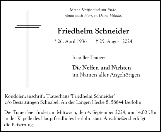 Traueranzeige von Friedhelm Schneider von Tageszeitung