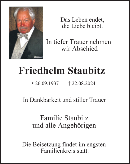 Traueranzeige von Friedhelm Staubitz von Tageszeitung