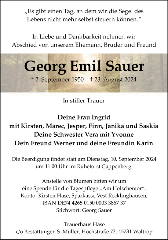 Traueranzeige von Georg Emil Sauer von Tageszeitung