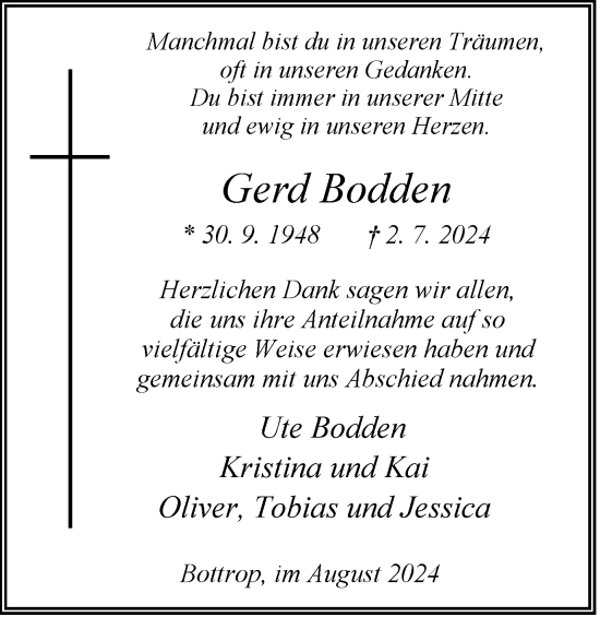 Traueranzeige von Gerd Bodden von Tageszeitung