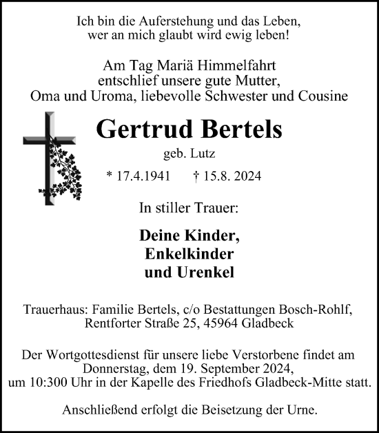 Traueranzeige von Gertrud Bertels von Tageszeitung