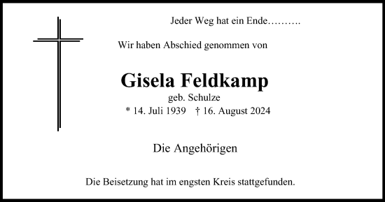Traueranzeige von Gisela Feldkamp von Tageszeitung
