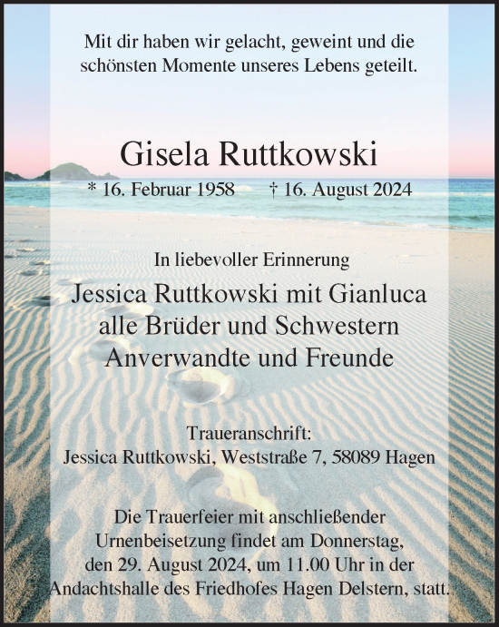 Traueranzeige von Gisela Ruttkowski von Tageszeitung