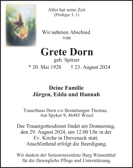 Traueranzeige von Grete Dorn von Tageszeitung