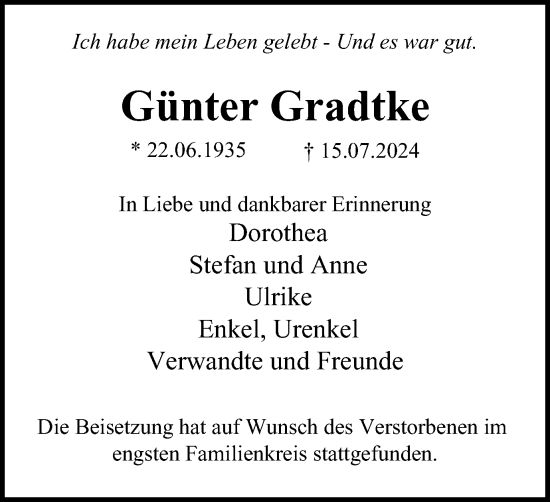 Traueranzeige von Günter Gradtke von Tageszeitung