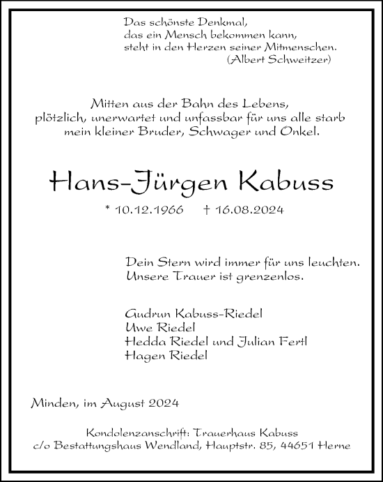 Traueranzeige von Hans-Jürgen Kabuss von Tageszeitung