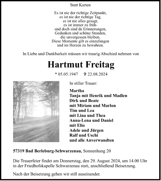 Traueranzeige von Hartmut Freitag von Tageszeitung