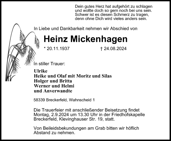 Traueranzeige von Heinz Mickenhagen von Tageszeitung