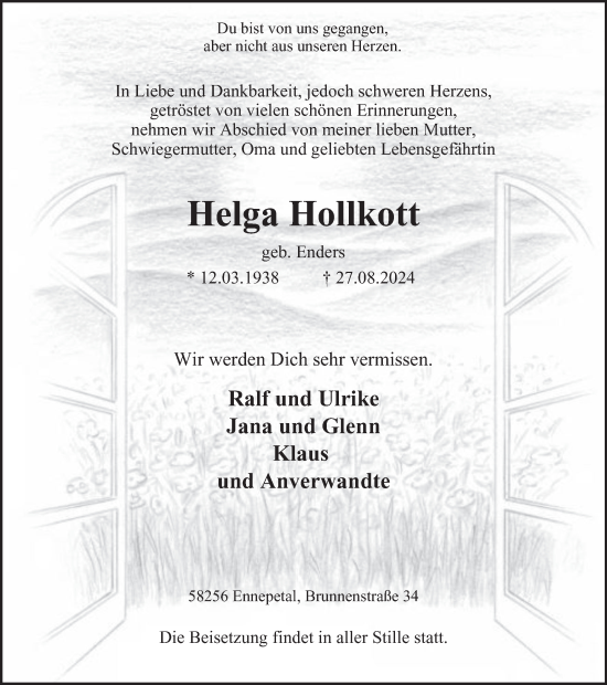 Traueranzeige von Helga Hollkott von Tageszeitung