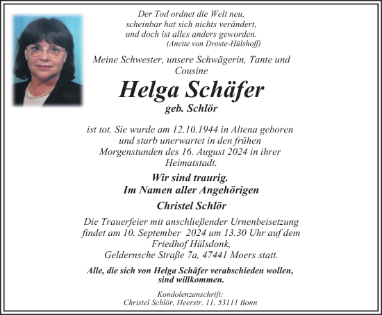 Traueranzeige von Helga Schäfer von Tageszeitung