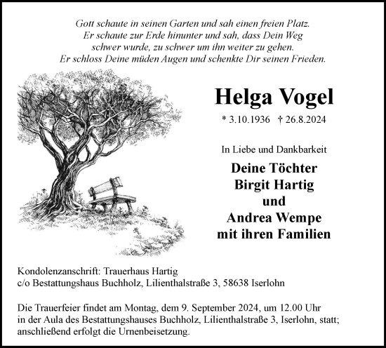 Traueranzeige von Helga Vogel von Tageszeitung