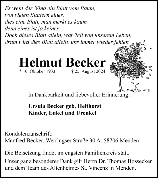 Traueranzeige von Helmut Becker von Tageszeitung