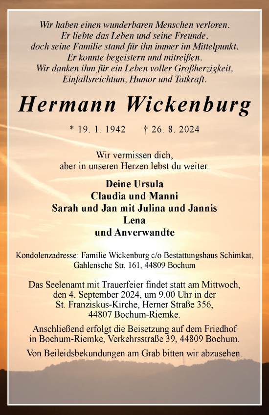 Traueranzeige von Hermann Wickenburg von Tageszeitung