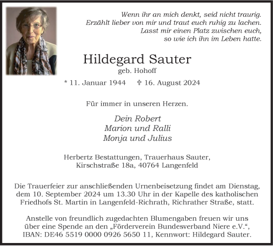 Traueranzeige von Hildegard Sauter von Tageszeitung