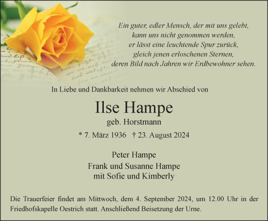 Traueranzeige von Ilse Hampe von Tageszeitung