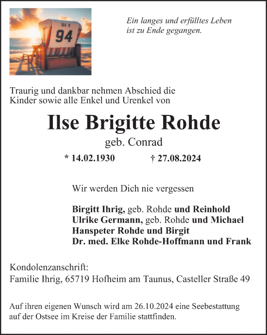 Traueranzeige von Ilse Brigitte Rohde von Tageszeitung