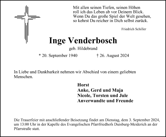 Traueranzeige von Inge Venderbosch von Tageszeitung
