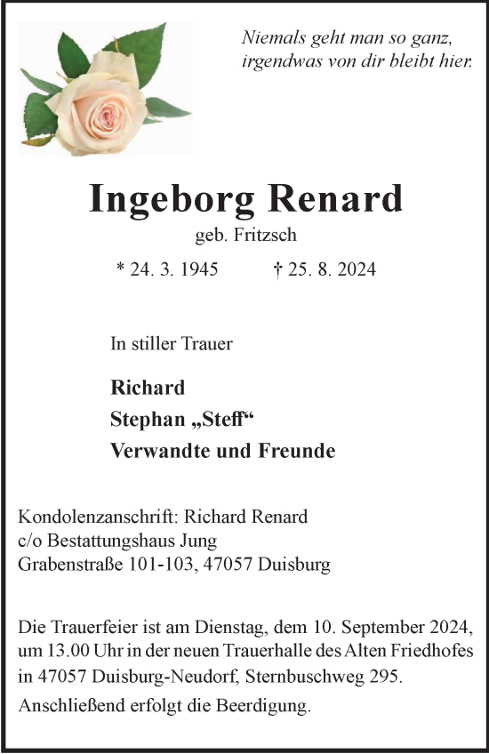 Traueranzeige von Ingeborg Renard von Tageszeitung