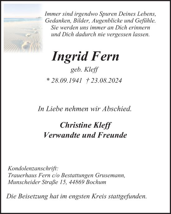Traueranzeige von Ingrid Fern von Tageszeitung