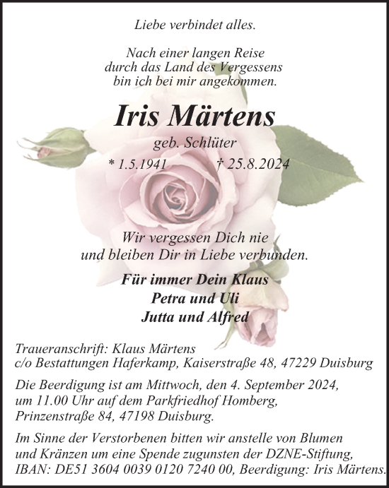 Traueranzeige von Iris Märtens von Tageszeitung