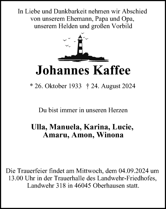 Traueranzeige von Johannes Kaffee von Tageszeitung