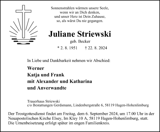 Traueranzeige von Juliane Striewski von Tageszeitung