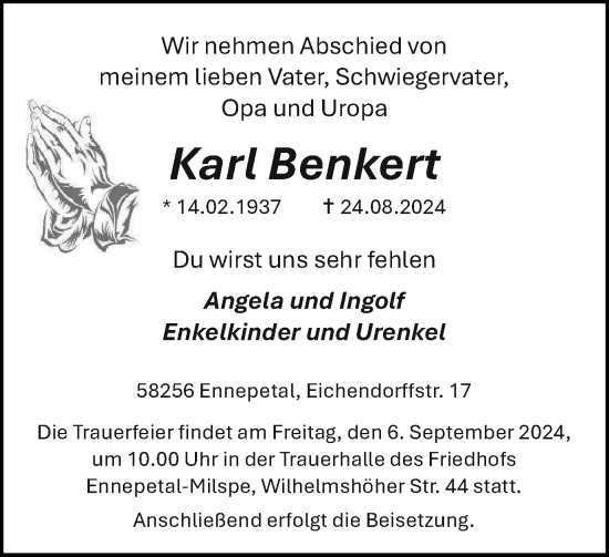 Traueranzeige von Karl Benkert von Tageszeitung
