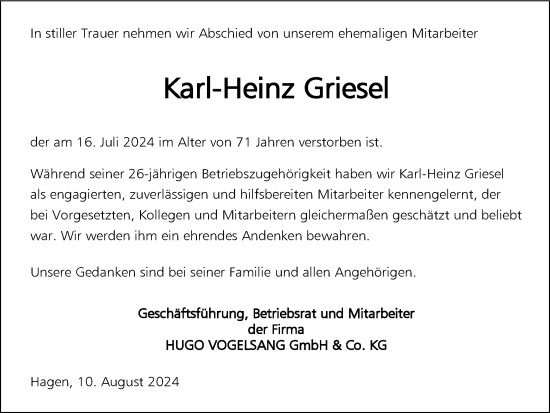 Traueranzeige von Karl-Heinz Griesel von Tageszeitung