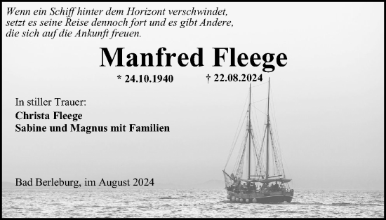 Traueranzeige von Manfred Fleege von Tageszeitung