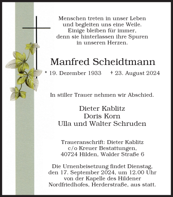 Traueranzeige von Manfred Scheidtmann von Tageszeitung